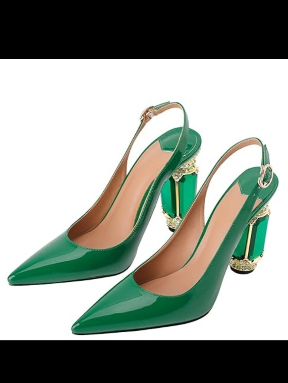 MIRAAZZURRA Women High Heels Pumps Crystal Chunky Heels Sling Back Sexy